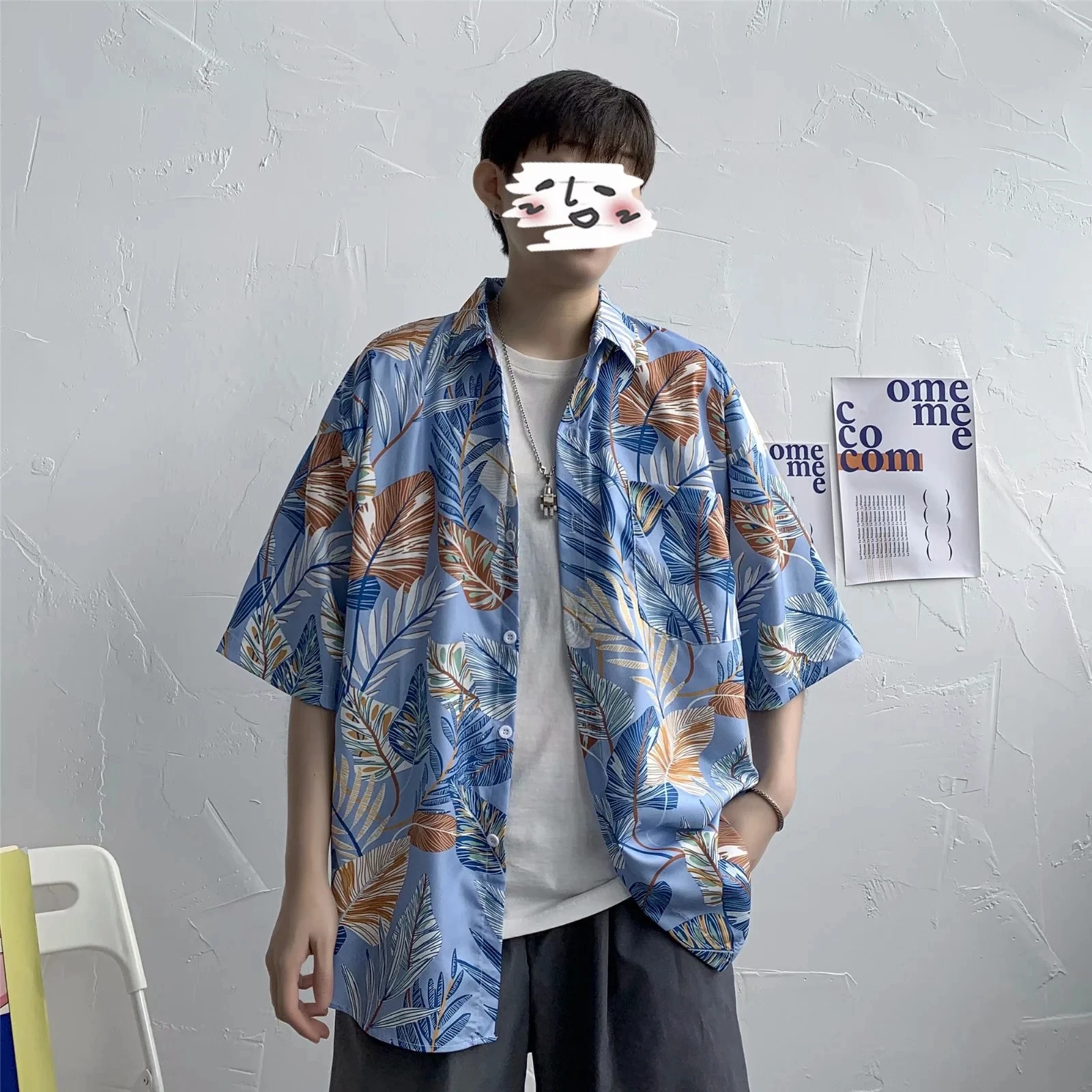 Men Summer Shirt Beach Style Blue Leaves Printed Hawaiian Shirts Casual Short Sleeve Turn Down Collar Blouses Tops Camisa Homme
