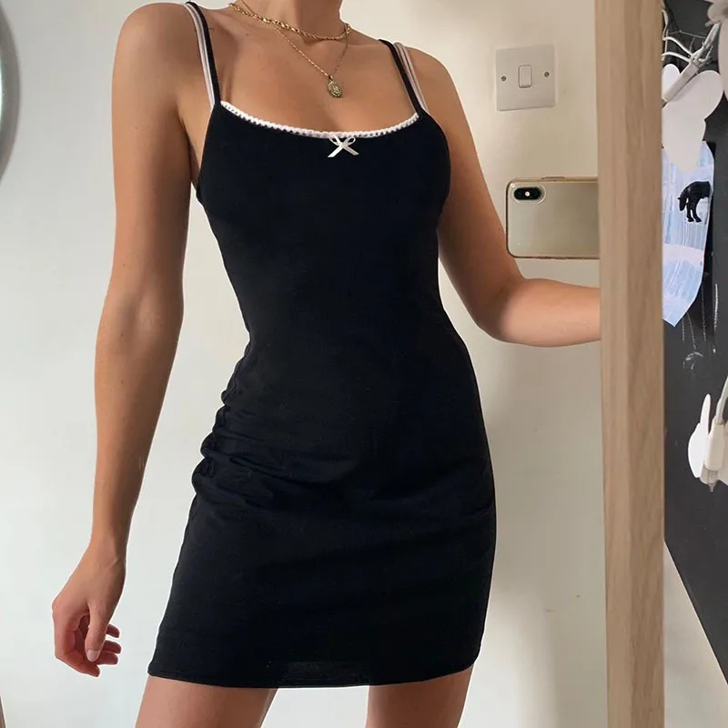 2020 Summer Women's Bow Lace Stitching Sexy Slim-Fit Bag Hip Dungaree Dress | Женская одежда
