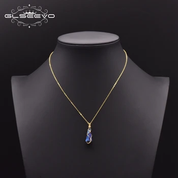 

GLSEEVO 925 Sterling Silver Natural Blue Crystal Pendant Necklace For Women Girl Lovers' Luxury Wedding Party Gift Kolye GN0140C