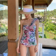 Сексуальный купальный костюм с одним плечом, женский купальник с цветочным принтом, монокини с пуш-апом, купальник с открытой спиной, трикини, розовый купальный костюм
