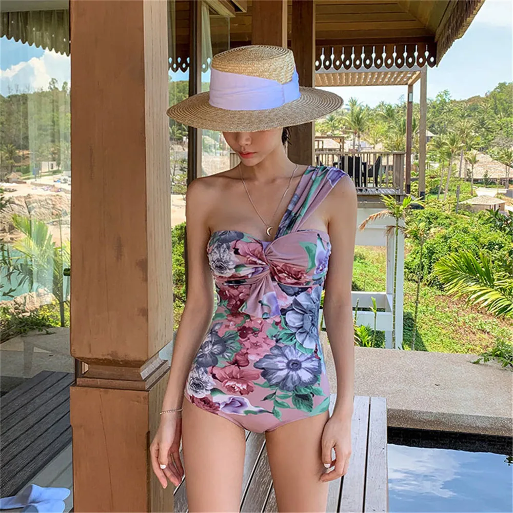 

Sexy One Shoulder One Piece Swimsuit Women Floral Print Swimwear Push Up Monokini Pad Swim Suit Open Back Trikini Pink Bath Suit
