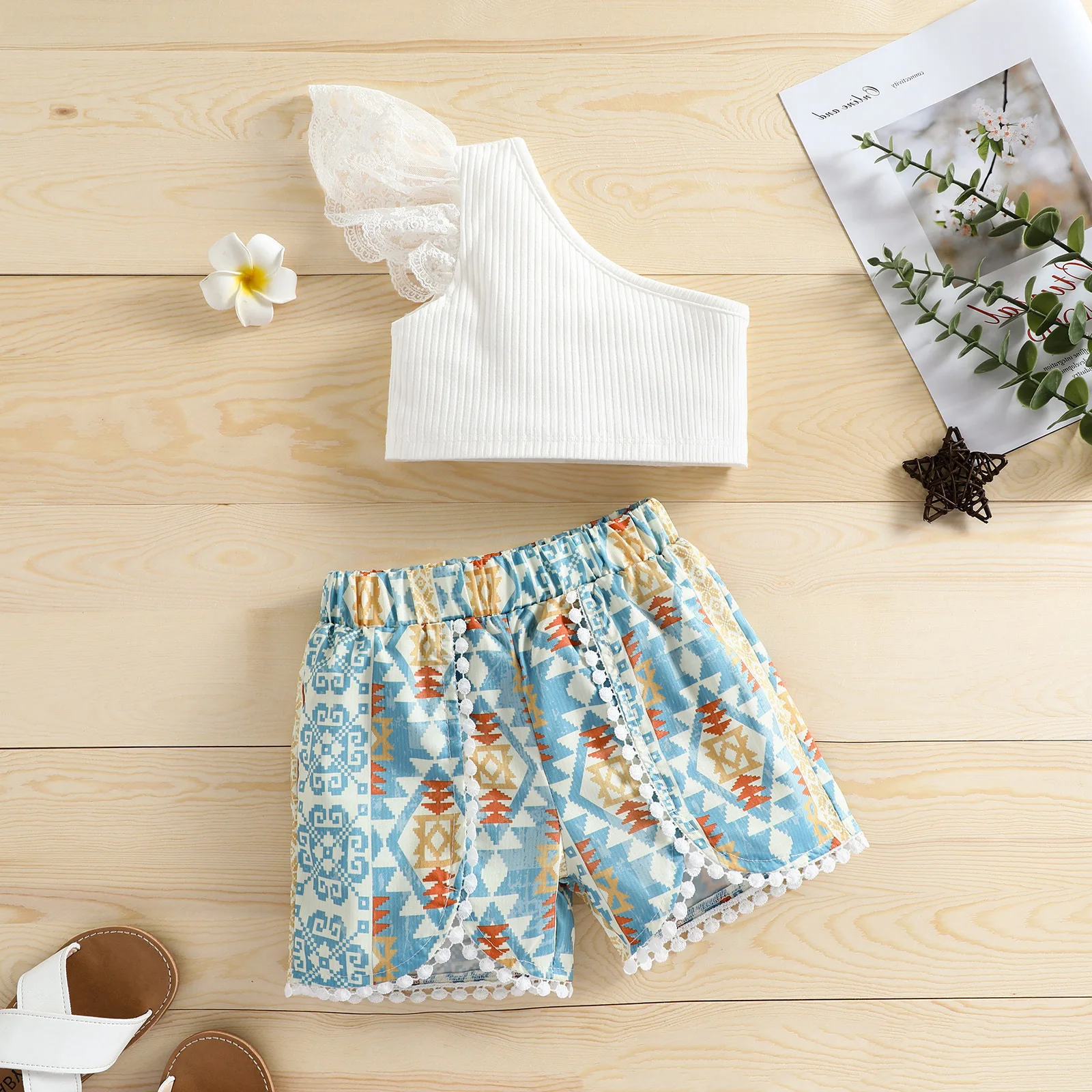 

Kids Baby Girls Fashion 2-Piece Outfit Set Lace One Shoulder Tops Shorts Set For Children Girls Casual Clothes 2pcs Set