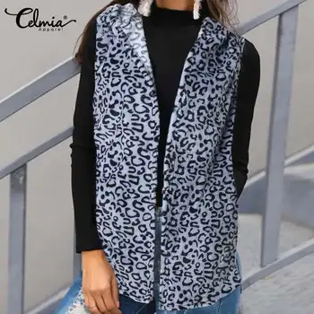 

Celmia Plus Size Fashion Leopard Print Coats Women Furry Hoodies Vest Grain Waistcoat 2020 Winter Loose Sleeveless Outwear Tops