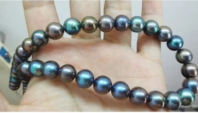 Jewelry Pearl NecklaceSuperb 17"10-11mm Natural Tahitian genuine black peacock round pearl necklace Free Shipping