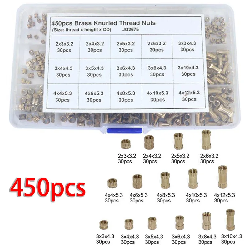 

450pcs Hot Melt Copper Knurled Threaded Embedded Nuts M2 M3 M4 Assortment Kit 450pcs Hot Melt Nut, Brass Knurled Nut