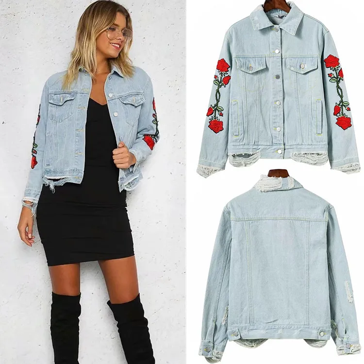

18 Early Autumn New Style WOMEN'S Dress Western Style Fold-down Collar Flower Embroidered Frayed with Holes Trend Jeans Coat Top