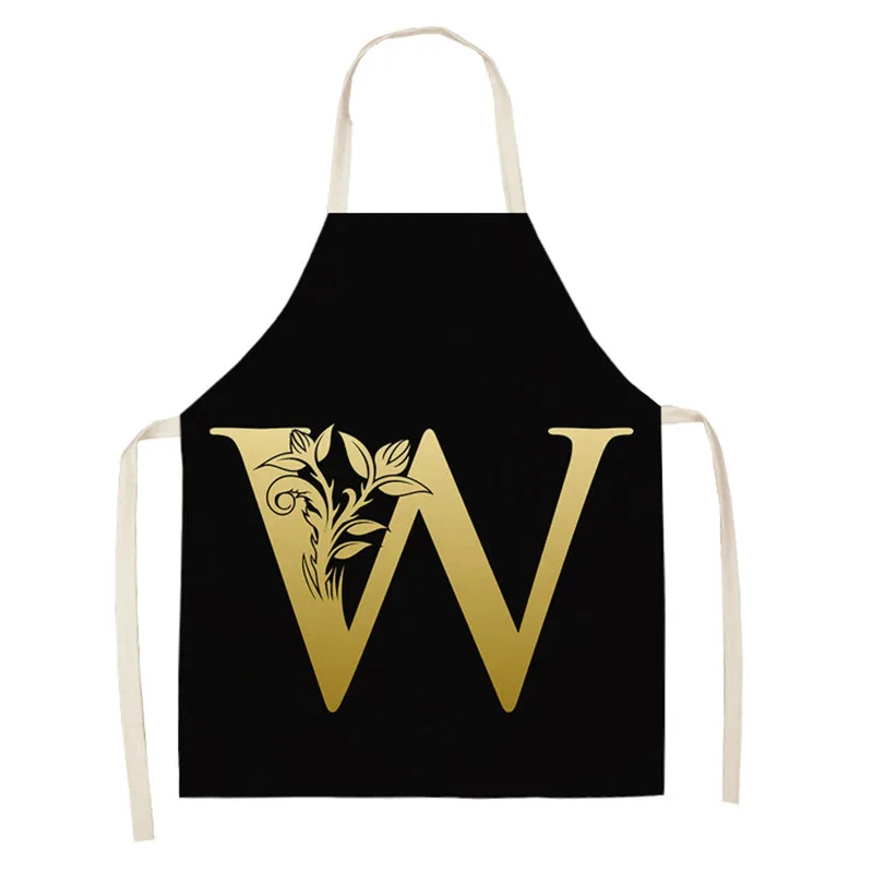 Letter Apron for Women Cotton Linen Bibs Household Cleaning Pinafore Black Golden Flower Kitchen Aprons Home Cooking Kid Aprons