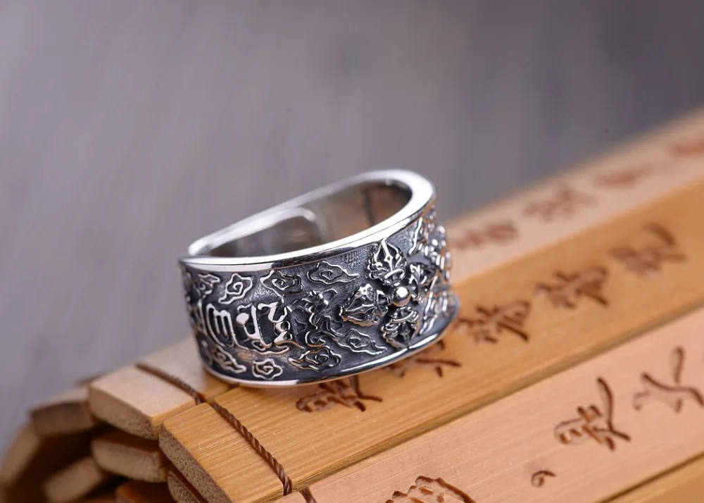 S925 стерлингового серебра тибетский шесть слов пословица кольцо буддистская Ваджра Dorje кольцо ручной работы удача человек RingResizable ювелирные изделия