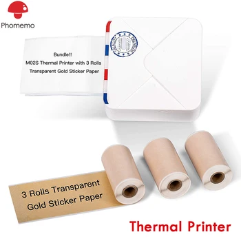 

Phomemo M02S Pocket Thermal Printer Bluetooth Photo Printer with 3 Rolls Transparent Gold Paper for Plan Journal Work Study Note