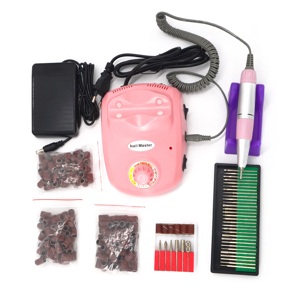 35000 об/мин розовый сверлильный станок для ногтей с наждачными стержнями и песочными битами, профессиональный салонный электрический пилочка для маникюра и педикюра, набор инструментов