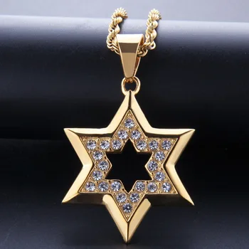 

New Fashion Hip Hop Bling Iced Out Rhinestone Gold Jewish Star of David Hexagram Pendant Necklace for Men Rapper Jewlery Collar