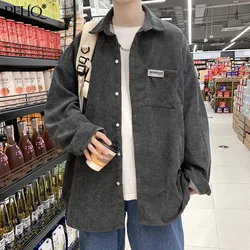 Pfhq 2021 nova moda masculina solta cor sólida lapela veludo bonito ins japonês camisa de manga longa outono e inverno 21d1844