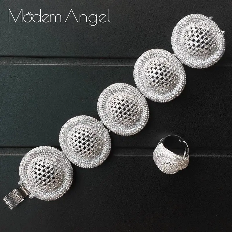 ModemAngel Роскошные Брендовые женские ювелирные изделия золотой белый цвет кубического циркония кольцо и браслет наборы для женщин Свадебная вечеринка - Окраска металла: Имитация родиевого покрытия