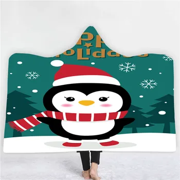 

Christmas Penguin Printing Hooded Blanket Red Scarf Penguin Wearable Blanket for Adults Portable Machine Washable Hooded Blanket