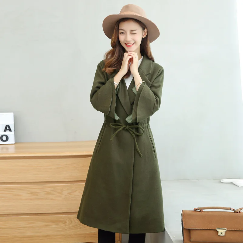

2017 Autumn And Winter New Style Korean-style Long Sleeve Fold-down Collar Loose-Fit Flounced Sleeves Long Drawstring Duffle Coa