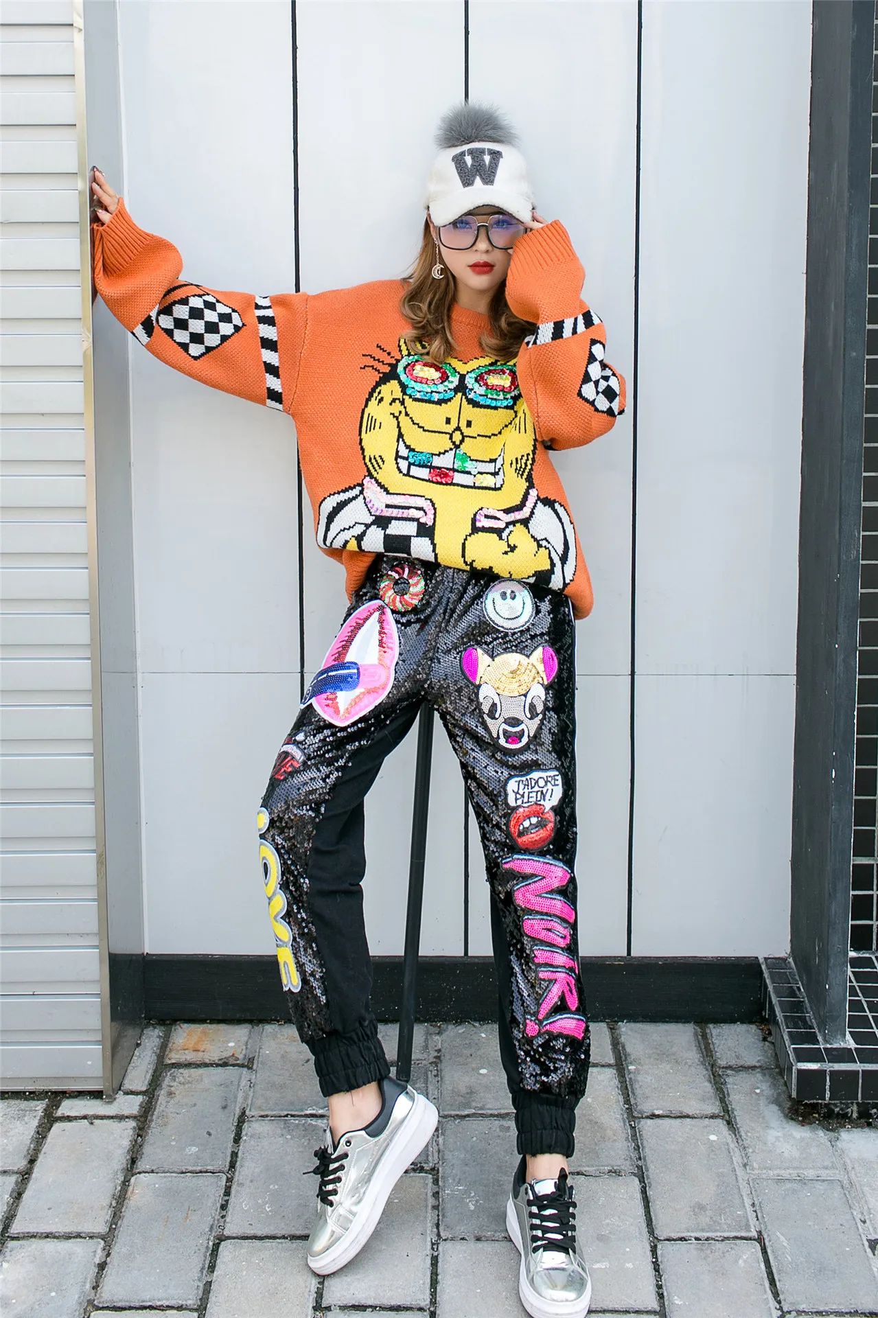 Новые женские штаны Harajuku Paillette уличная панк стиль мультфильм Мода