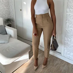 Pantalon pour femme, taille haute avec ceinture, poches classiques, longueur cheville, mode printemps, sarouel rose 