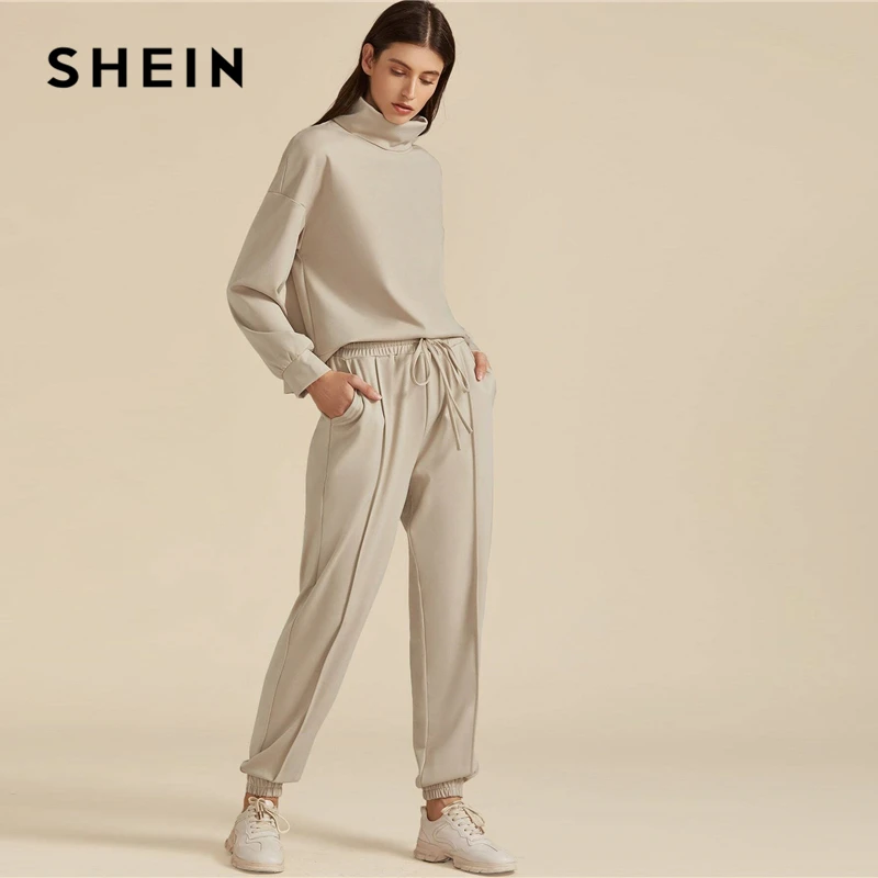 Najtaniej SHEIN Khaki jednolity wysoki dekolt bluza i ściągany sznurkiem w pasie Sweatpant komplet garniturów jesień odzież sportowa opuszczane ramiona strój codzienny