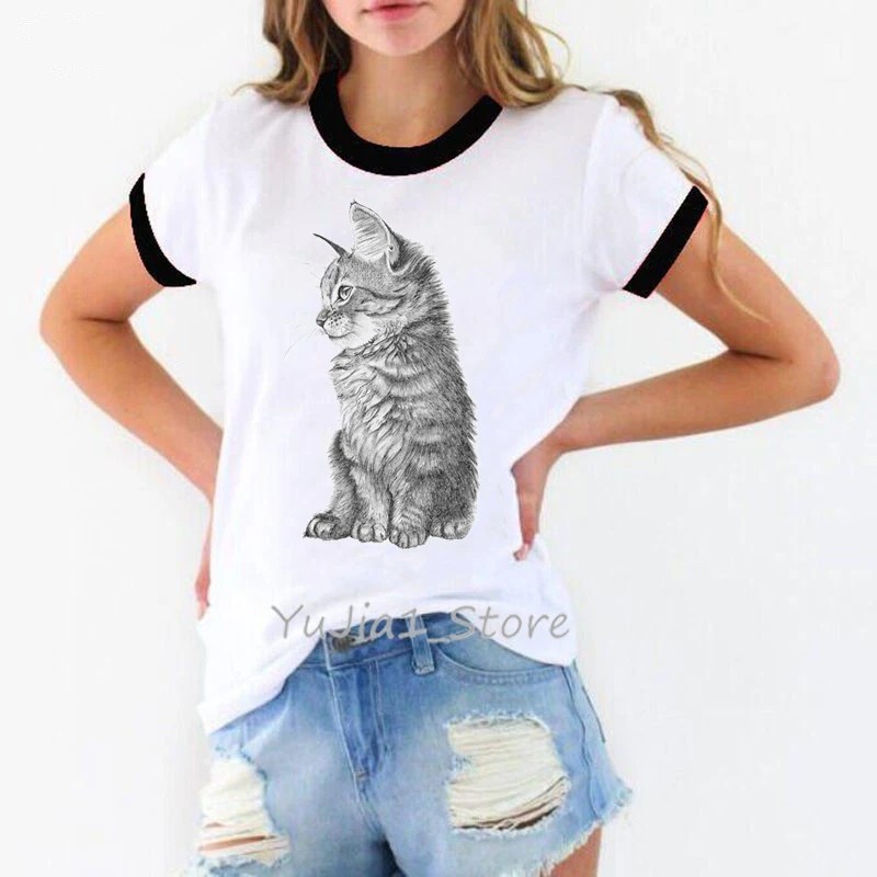 Черные и белые женские рубашки с рисунком кота, Женская Винтажная Футболка с принтом животных, футболка с котенком для влюбленных, camisas mujer, уличная одежда