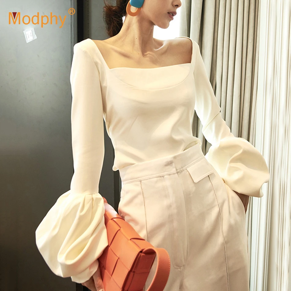 Белая черная элегантная однотонная женская футболка, топ, сексуальная женская рубашка с квадратным вырезом и пышными рукавами, осенняя мода, новинка