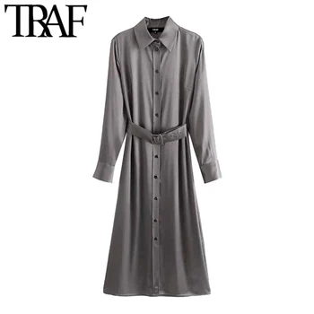 

TRAF Women Vintage Elegant Office Wear Solid Midi Shirt Dress Fashion With Blet Long Sleeve Female Dresses Vestidos Mujer