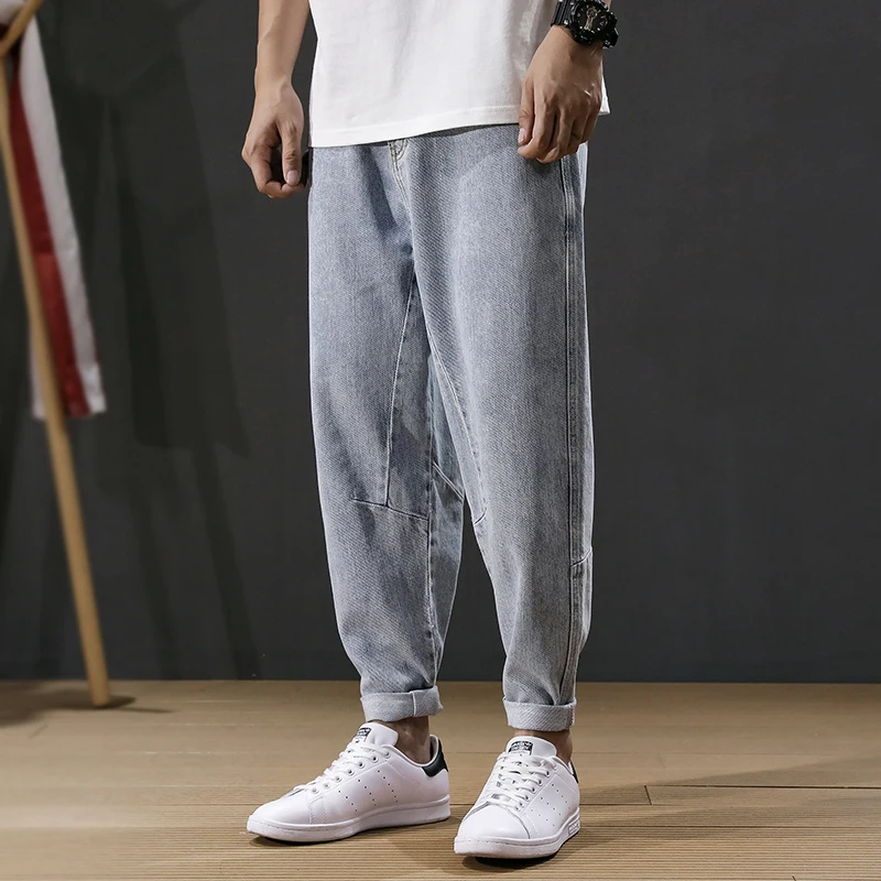 

Japanese Fashion Men Jeans Light Blue Loose Fit Denim Harem Pants Spliced Designer Streetwear Hip Hop Jeans Men Wide Leg Trouser