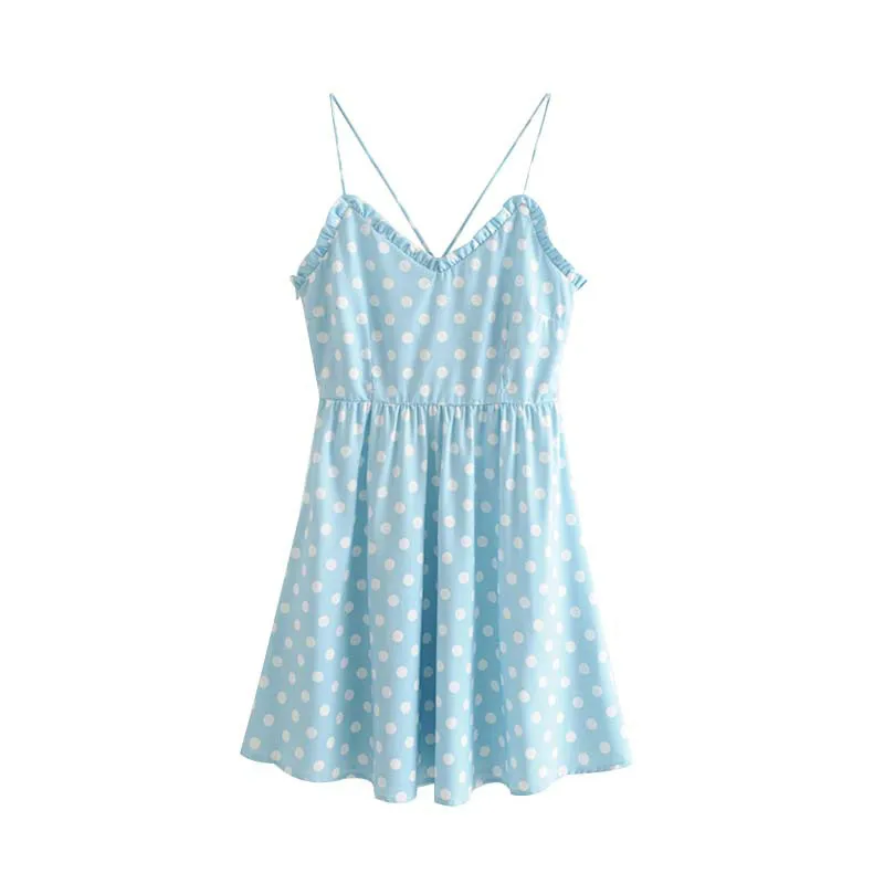 

Women V Neck Sleeveless Mini Dress Dots Print Side Zipper Ruffles Lace Up Lady Dress Casual Sweet Chic A Line Dress Women