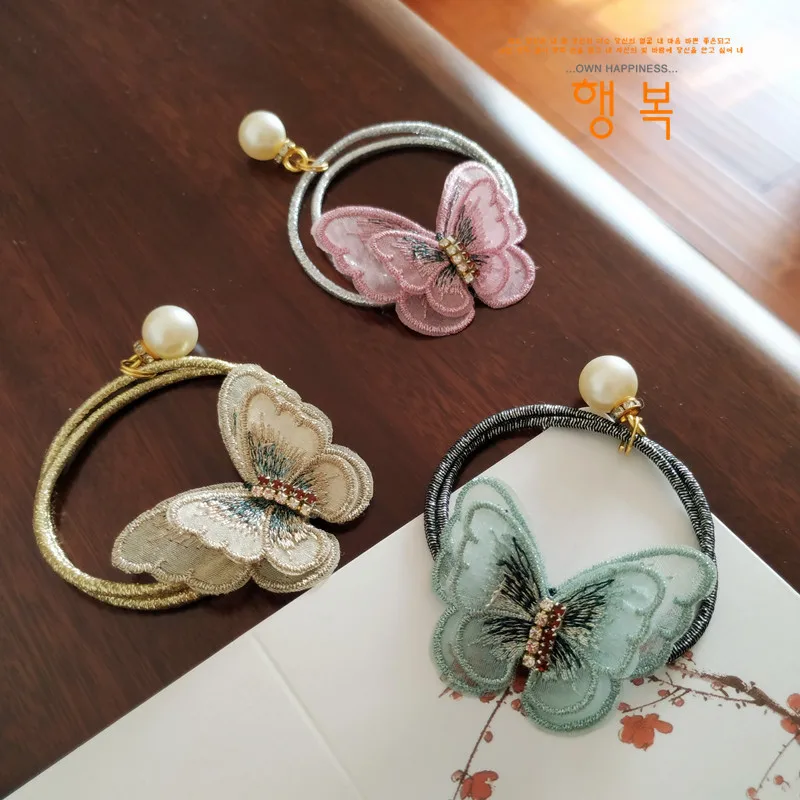 Hair Accessories For Women Girls Gem Embroidered Butterfly Double Bands Hair Ties With Pearls Hair Clips For Girls 1-3pcs
