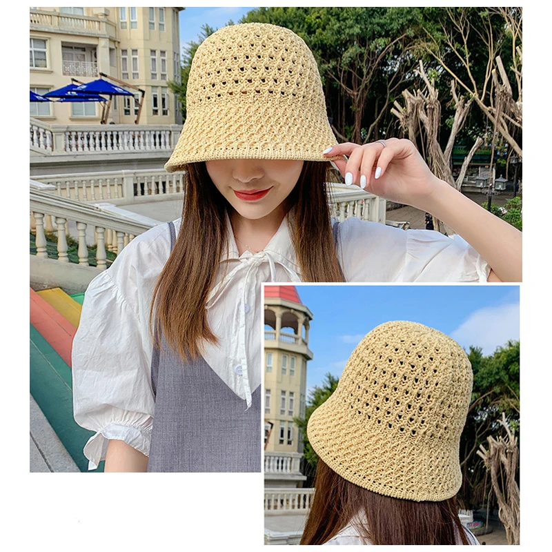bucket sun hat womens New Solid Color Handmade Crochet Floppy Top Summer Hats For Women Hollow Out Knit Dome Bucket Hat Wide Brim Foldable Beach Caps cool bucket hats