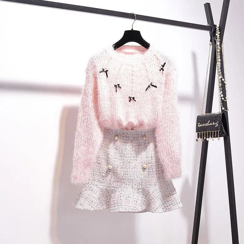 Новинка, осенне-зимняя женская одежда, комплект из двух предметов, женский свитер, вязаный Топ+ твидовая юбка русалки, комплект из 2 предметов, F111 - Цвет: Розовый