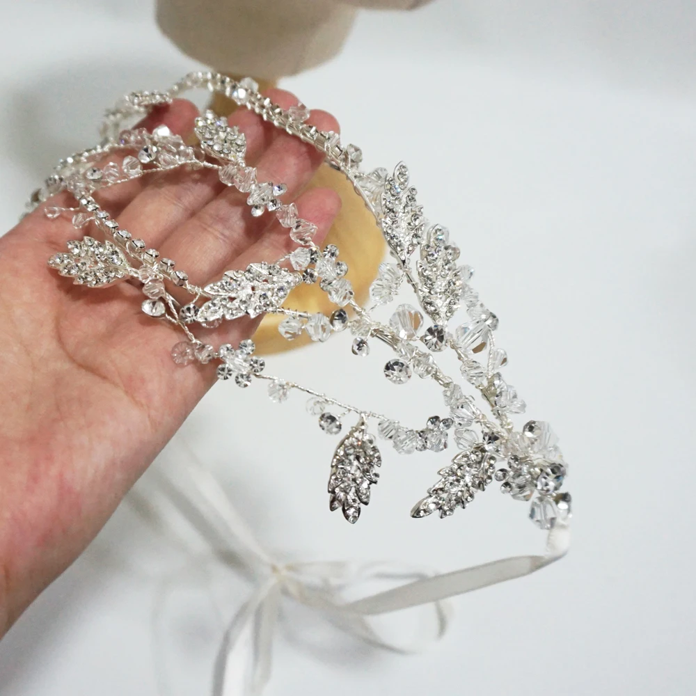 Luxury Crystal Bridal Tiara Antique Silver Leaf Wedding Crown Handmade Headband Party Prom Hair Jewelry Brides Accessories