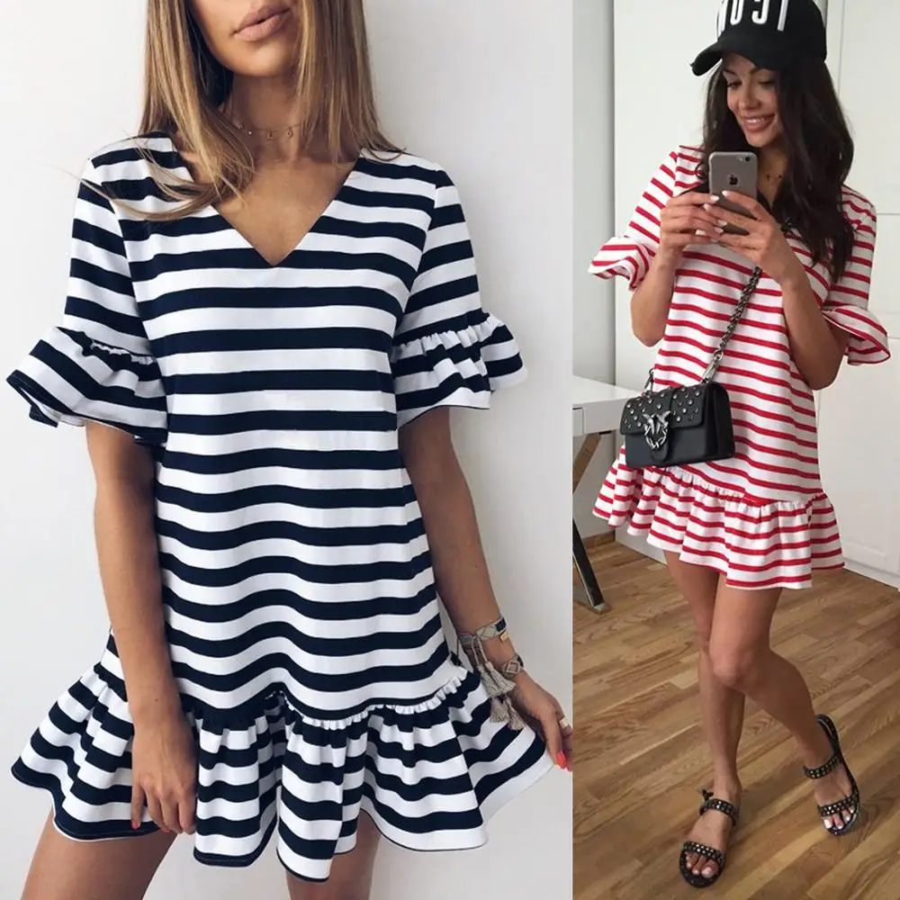 2020 summer white black striped ruffle short tshirt Shift dress Flare Sleeve V neck loose t shirt mini Dress women vestidos C468 | Женская