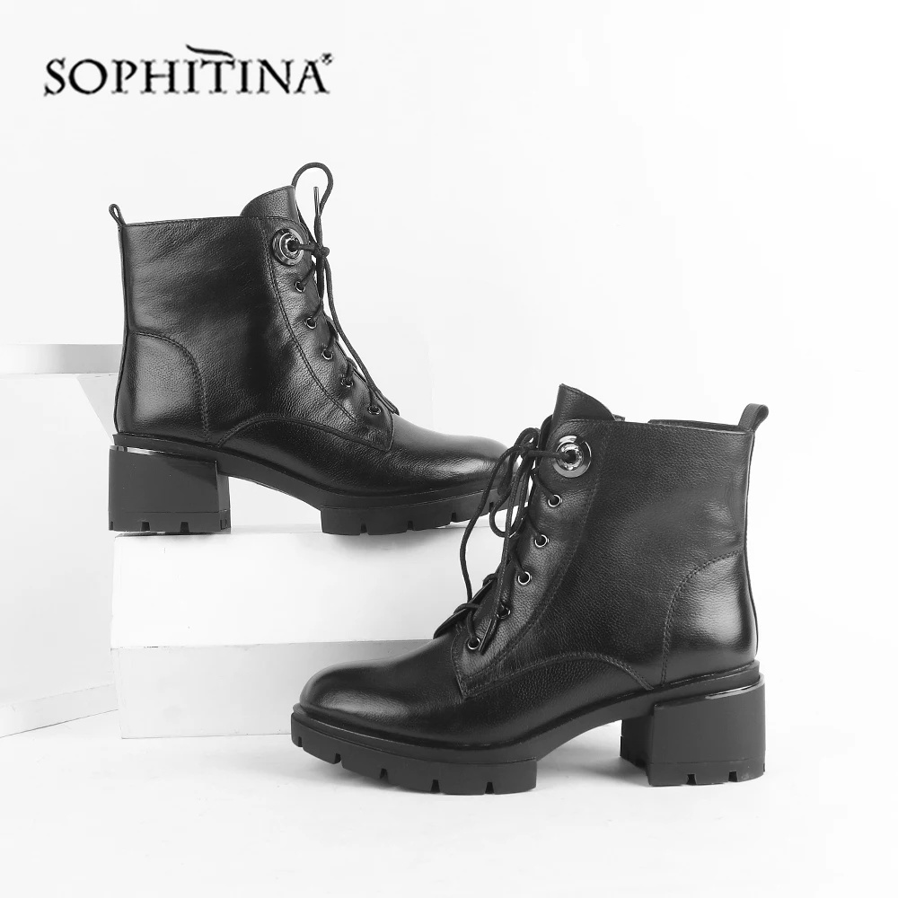

SOPHITINA Lace-up Solid Boots High Quality Genuine Leather Round Toe Comfortable Square Heel Shoes New Women's Ankle Boots SC499