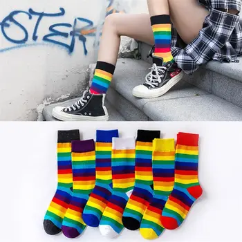 

1 Pair Winter Women Socks Cotton Rainbow Stripes Socks Christmas Fashion Hot Christmas Casual Tide Socks Harajuku Korean