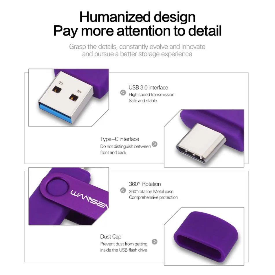 Wansenda-unidade Flash Usb Stick para Android tipo c e pc Pen Drive Usb 3.0 64gb 32gb 128gb 256gb - Imagem 6