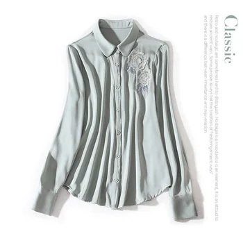 

New style doll neck retro three dimensional flower embroidery long sleeve single breasted silk double Satin Shirt Top