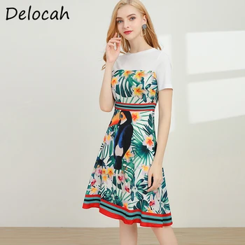 

Delocah Summer Women Fashion Runway A-line Dress Short Sleeve jungle Floral Print Elegant Female Midi Dresses vestidos 2020