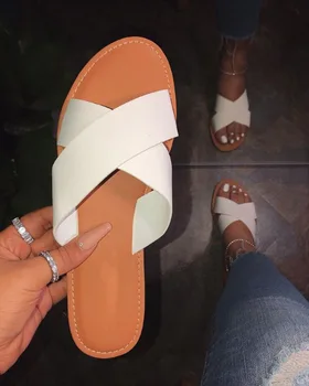 

PU Women's Sandals Slip-On Summer Beach Shoes White Black Cross Casual Outside Trip Flat Slippers Women's Hot 9118