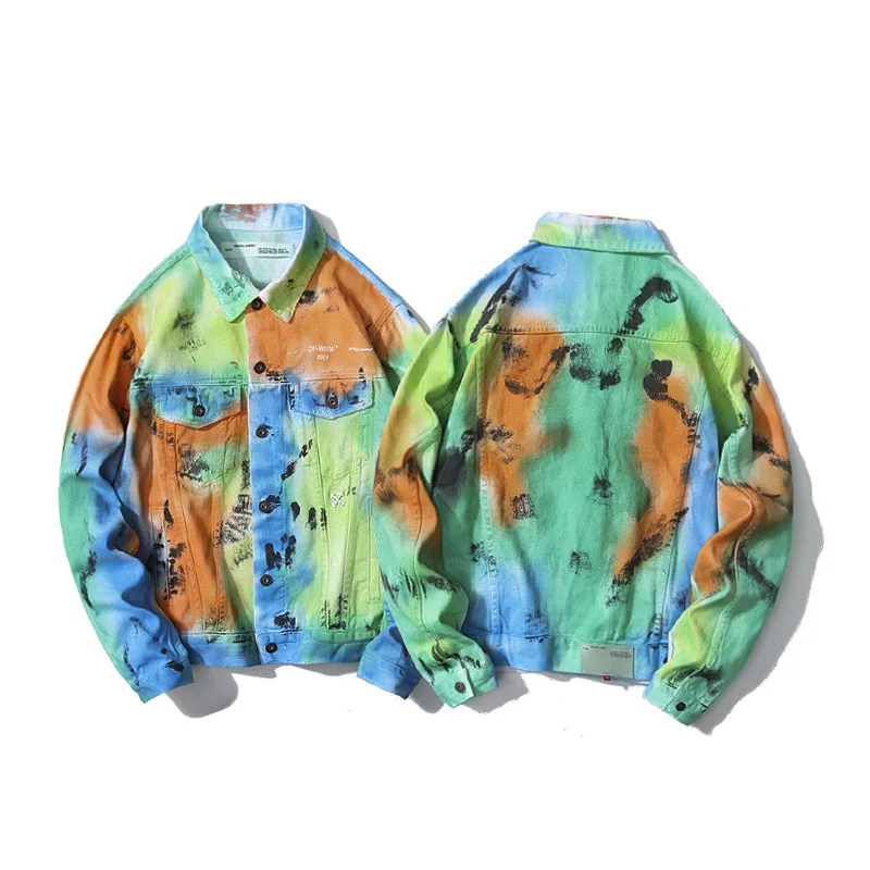

19SS high quality off white OW destruction old hand-painted graffiti ink rendering splash ink denim jacket
