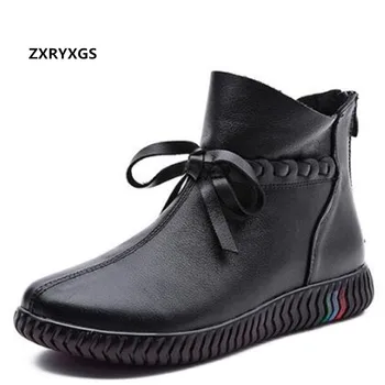 

2020 New Autumn Sweet Bowknot Genuine Leather Boots Flat Comfortable Non-slip Flat Ankle Boots Winter Warm Boots Women's Boots