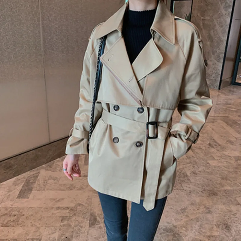 

Runway Designer Women Turn Down Collar Short Trench Coat 2020 Autumn Office OL Double-Breasted Long Sleeve Casual With Belt Coat