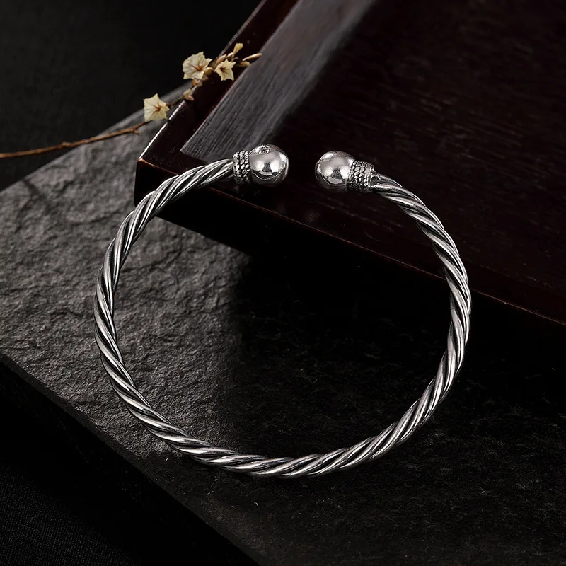 

One Deer Silver S999 Pure Silver Linen Flower Color Bracelet Retro Cool Simple Solid Bracelet Women's Adjustable Design