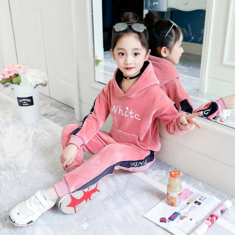 

Girls Autumn Clothing Set 2019 New Style chun qiu wang Red Children Gold Velvet Sports Hoodie Two-Piece Set Western Style Fashio