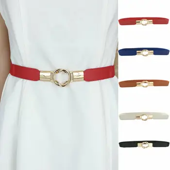 

Women Fashion Leather Waist Belt Narrow Stretch Dress Belt Thin Buckle Leather Waistband 2019 Korean Belt New