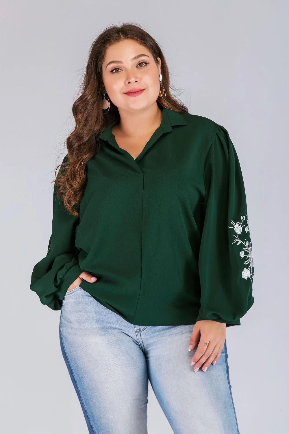 Новая мода осень зима размера плюс Топы для женщин большой длинный рукав цветок Свободная Повседневная рубашка с v-образным вырезом Зеленый 4XL 5XL 6XL 7XL
