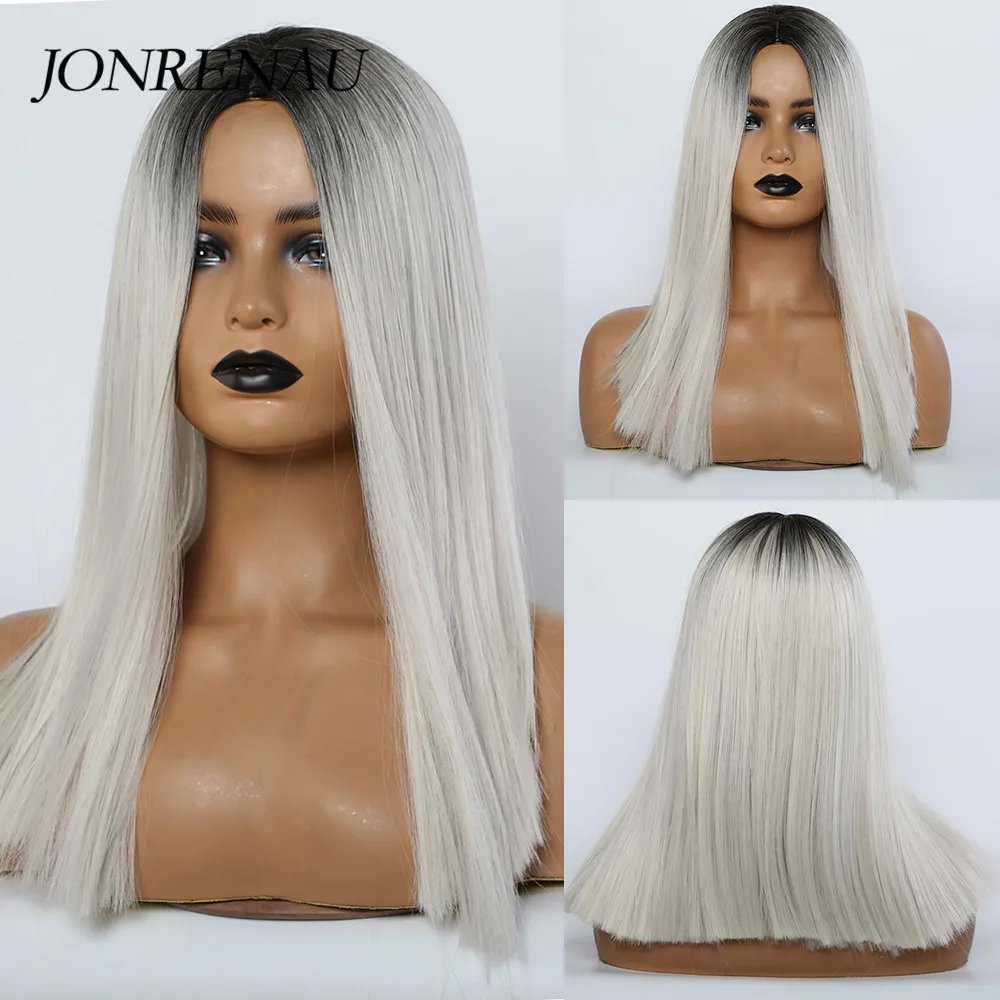 

Jonrenau Synthetic Dark Root Ombre White Center Parting Wigs for Women Heat Resistant Cosplay Wigs Medium Length Hair Bob Wigs