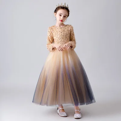 Фатиновое платье цвета шампанского с блестками и цветочным узором для девочек; пышная одежда принцессы с длинными рукавами для свадьбы; платье подружки невесты для дня рождения; бальное платье