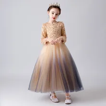 Фатиновое платье цвета шампанского с блестками и цветочным узором для девочек; пышная одежда принцессы с длинными рукавами для свадьбы; платье подружки невесты для дня рождения; бальное платье