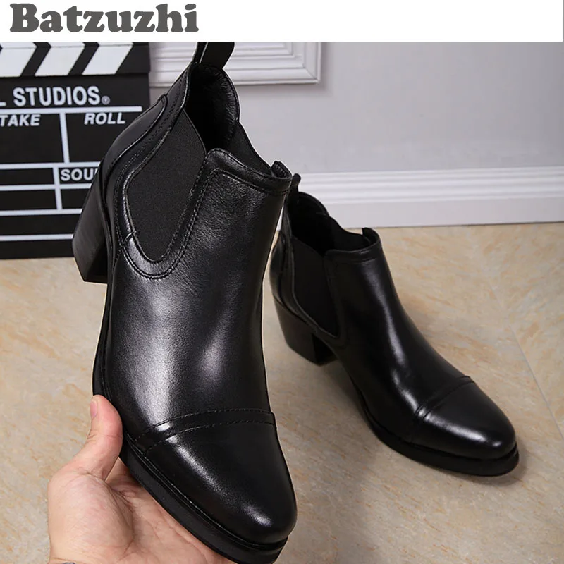 Batzuzhi 6.5CM Heels Men Boots Black Ankle Boots Genuine Leather Men Business Wedding Shoes Zapatos Hombre,  big sizes 46