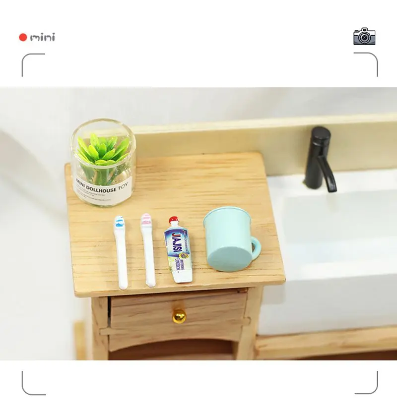 4PCS/Set 1:12 Miniature Toothbrush Set Mini Tooth Mug + Toothpaste + Brush for Blyth Barbies OB11 BJD Doll House Play Toy